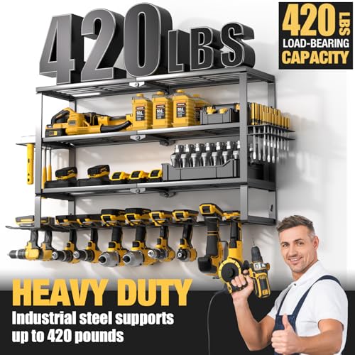 YYR Large Power Tool Organizer Wall Mount, Heavy Duty Metal Cordless Drill Storage Rack with Battery Charging Station Shelf, Utility Racks for Garage Organization, 4 Layer 10 Drills Holder Extra Tall - Image 7