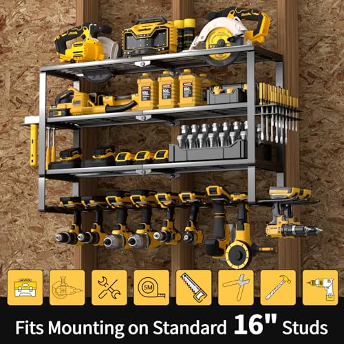 YYR Large Power Tool Organizer Wall Mount, Heavy Duty Metal Cordless Drill Storage Rack with Battery Charging Station Shelf, Utility Racks for Garage Organization, 4 Layer 10 Drills Holder Extra Tall - Image 8
